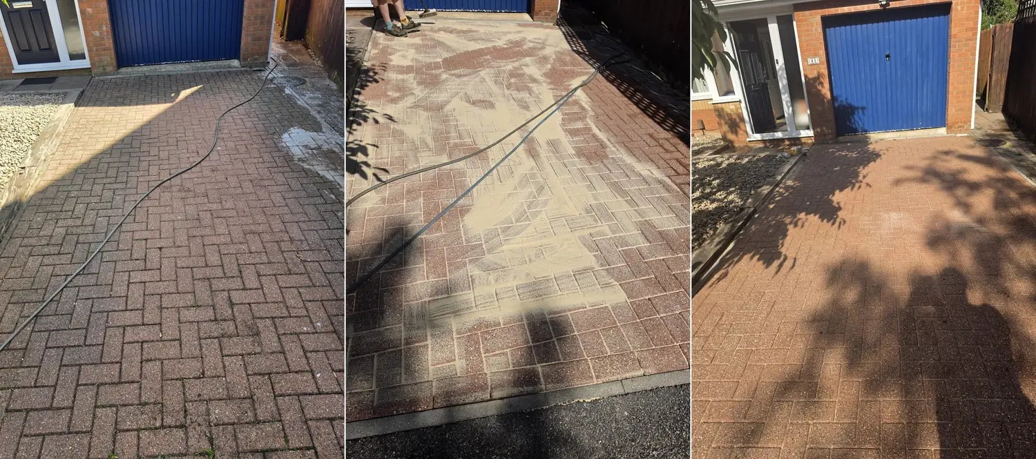 Block paving driveway cleaning process in three stages: dirty paving, kiln-dried sand applied to the joints, then the finished restored driveway