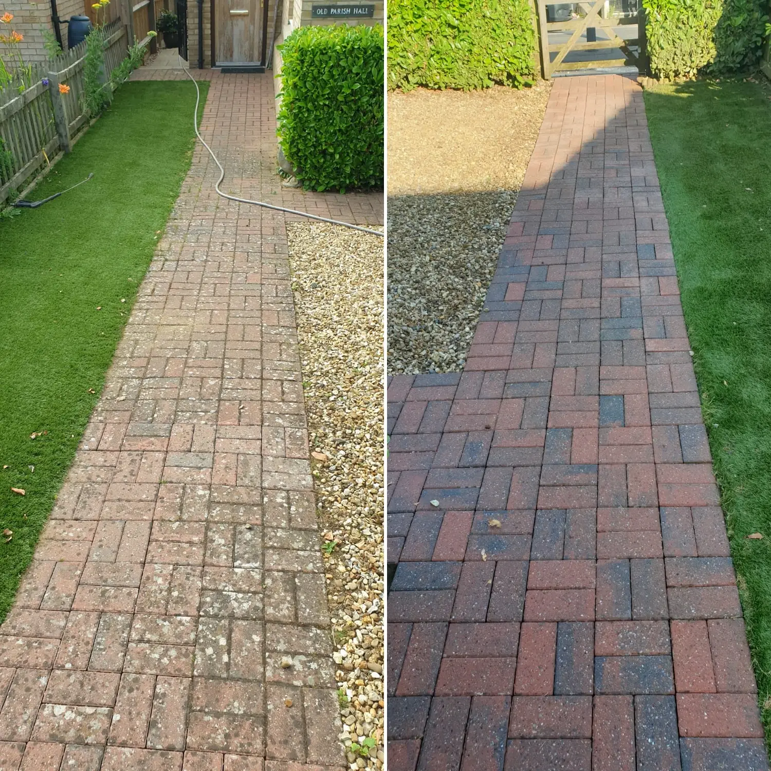 Red block paving garden path before and after cleaning, restored to a vibrant two-tone finish between artificial lawn and gravel