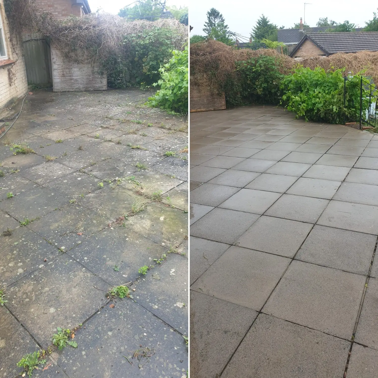 Grey concrete patio slabs before and after cleaning, with weeds removed from the joints and surface grime washed off