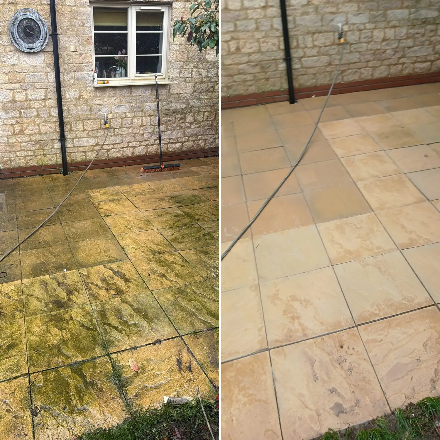 Sandstone patio paving heavily covered in green algae before cleaning, restored to natural buff colour beside a low stone wall
