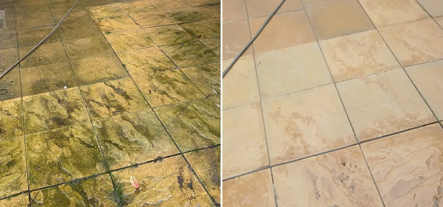 Sandstone patio paving before and after professional cleaning in Northampton, with green algae removed to reveal natural buff stone
