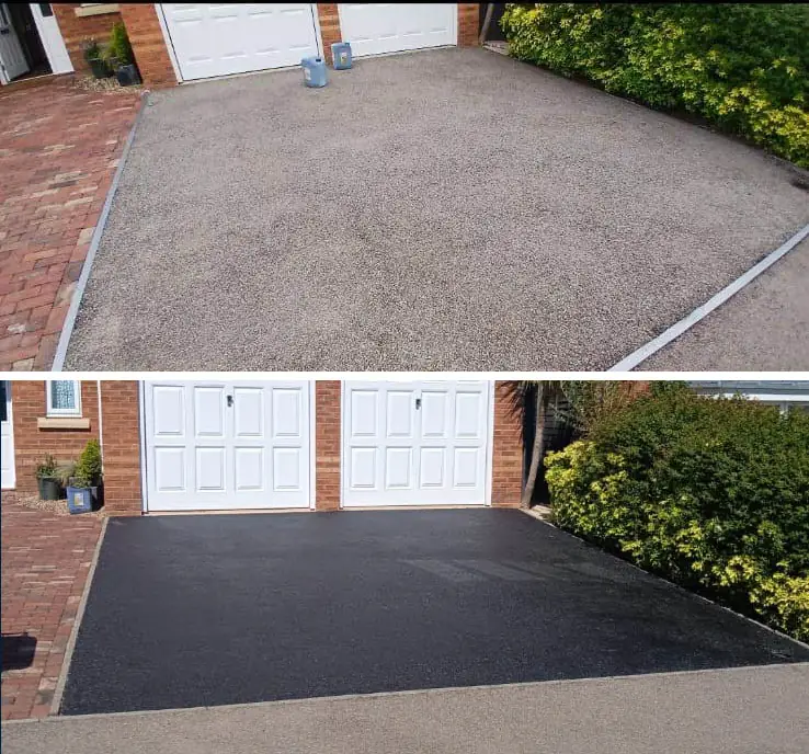Tarmac driveway before and after pressure washing and resealing, faded grey surface restored to deep black finish