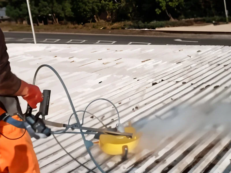 Rotary surface cleaner on corrugated metal roof with solar panel array