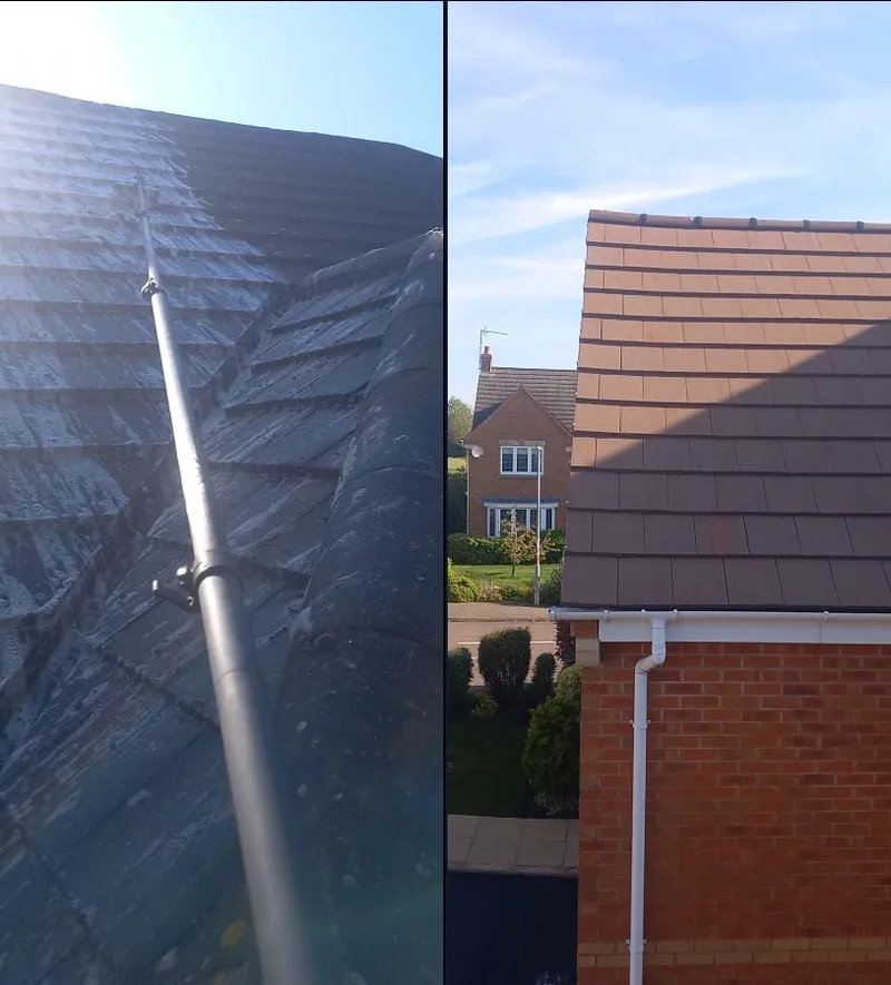 Before and after comparison showing dirty weathered slab roof tiles alongside clean copper roofing