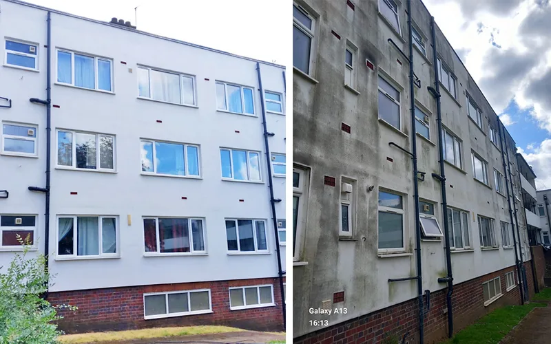 Building facade before and after professional soft washing - dramatic difference in render appearance