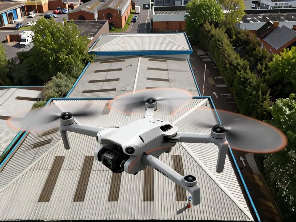 ECS DJI Mini 4 Pro drone in flight over a commercial roof during an aerial exterior cleaning survey