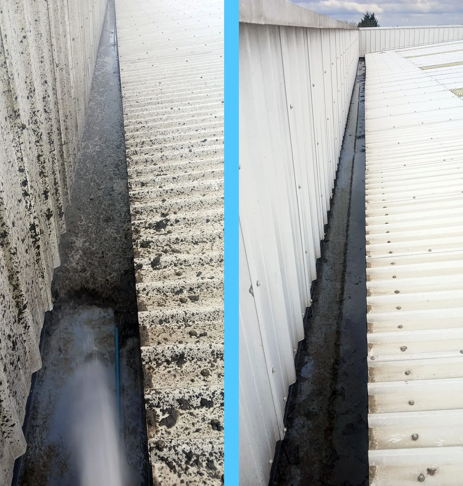 Commercial box gutter before and after cleaning - Partridges warehouse, Desborough
