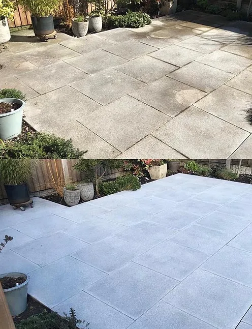 Patio cleaning before and after - jet washed stone paving, Northampton