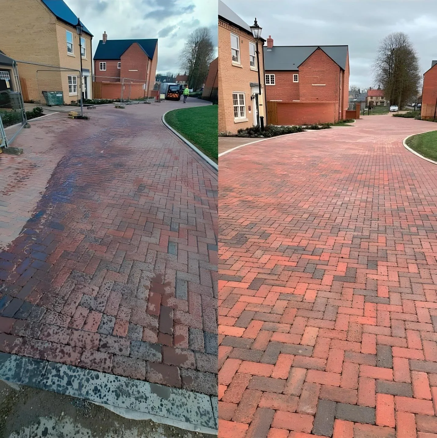 Before and after comparison of block paving cleaned by pressure washing - removing algae and restoring grip