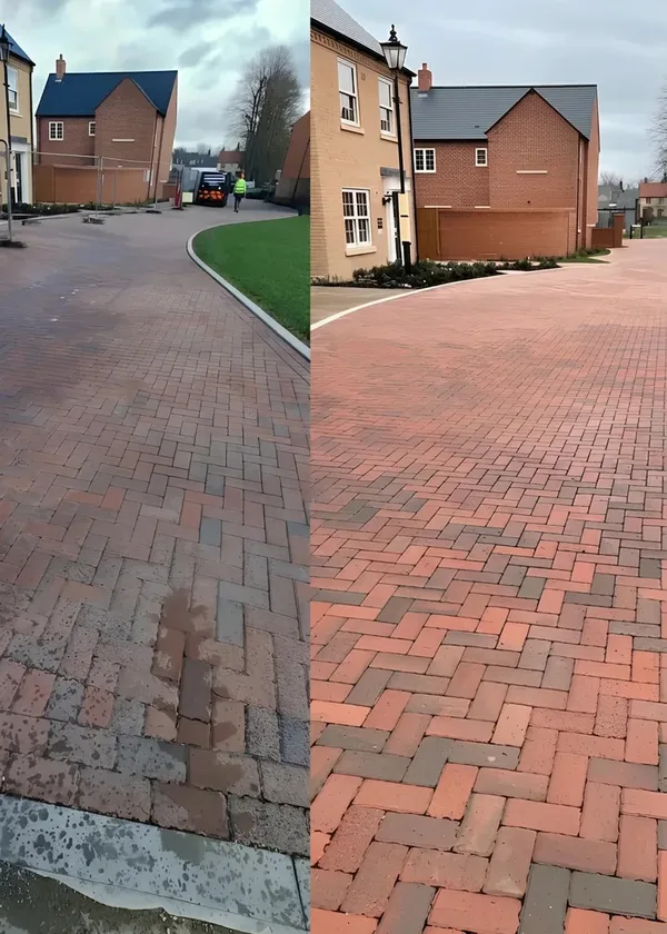 Driveway cleaned after oil spill - block paving restored