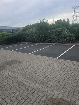 After - commercial car park block paving tarmac algae removal after clean, Rugby.