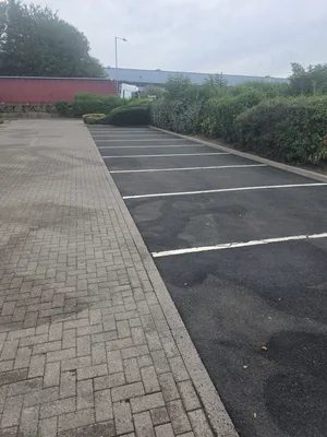 Before - commercial car park block paving tarmac algae staining assessment, Rugby.