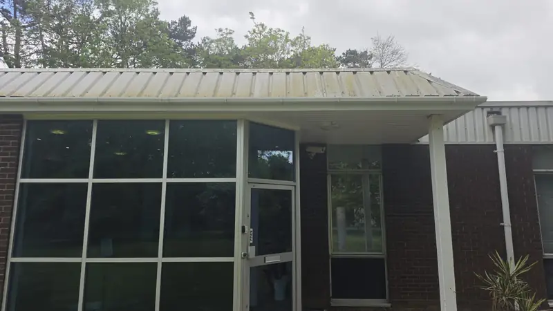 Wide shot of the main entrance with glass curtain wall doors below a sloped canopy heavily stained yellow-green