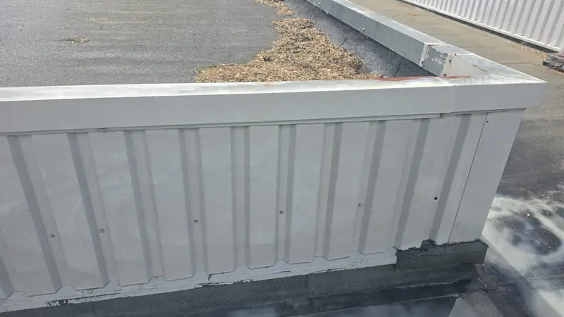 The same flat roof parapet after cleaning - algae patches gone, gutter debris cleared, surface still wet from the rinse