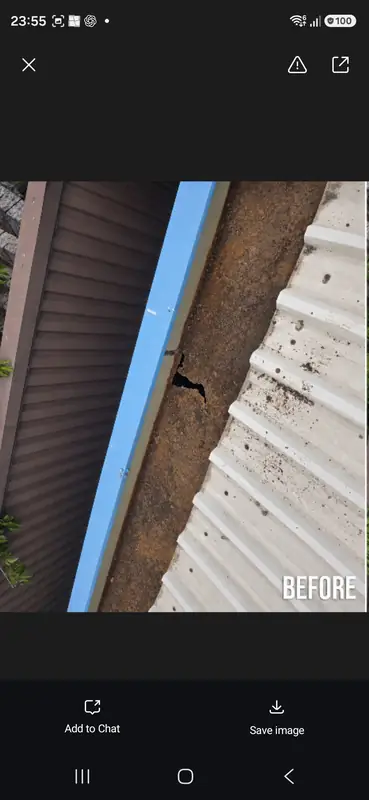 Side-by-side composite showing the rusted gutter on the left and a proposed clean stainless steel gutter insert on the right