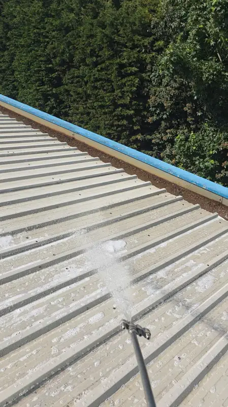 Spray plume of biocide solution captured mid-air landing on the corrugated roof panels with blue parapet and overhanging trees behind