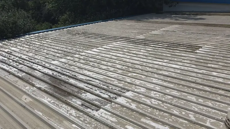 Landscape view of a corrugated roof panel with white biocide foam coverage along each ridge and the characteristic blue parapet trim above
