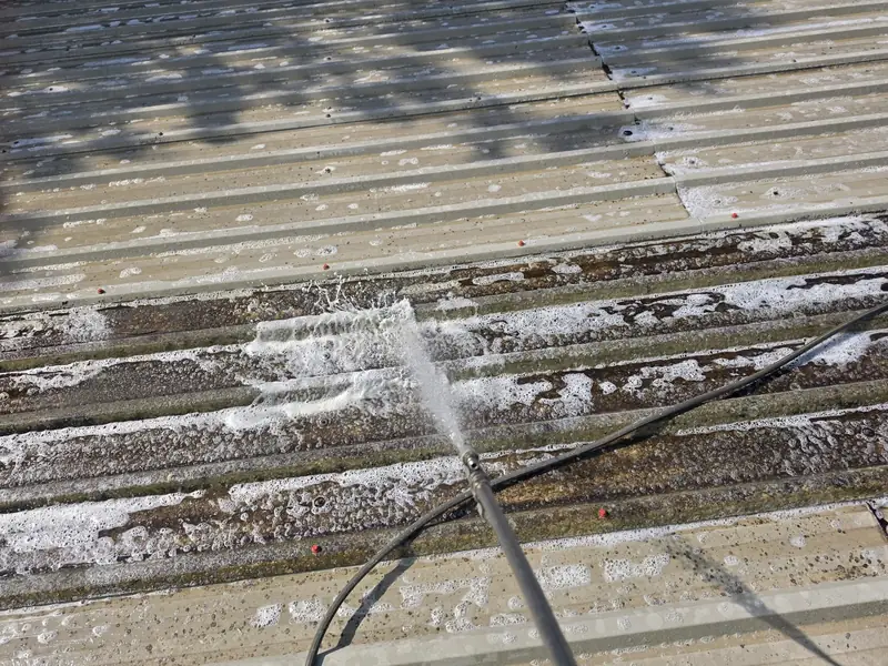 Top-down view of a corrugated roof panel with heavy black-green lichen bands and a vertical white streak of biocide foam being applied