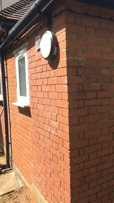 Red brick wall before cleaning, green algae staining in the mortar joints - Luton