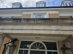 Before - residential grand facade stone balustrade black algae mould staining, Orlingbury.