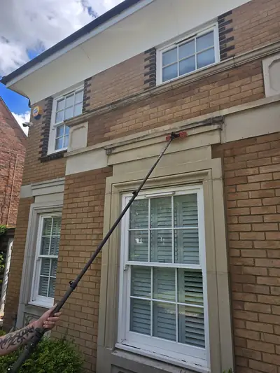 Long-reach water-fed pole cleaning the windows and facade of the multi-storey property - Orlingbury