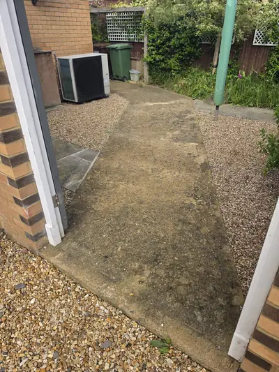Flat concrete roof section with heavy algae and moss before treatment - Orlingbury
