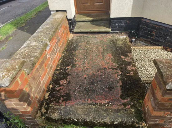 Before - residential patio concrete heavy moss algae biological growth, Northampton.