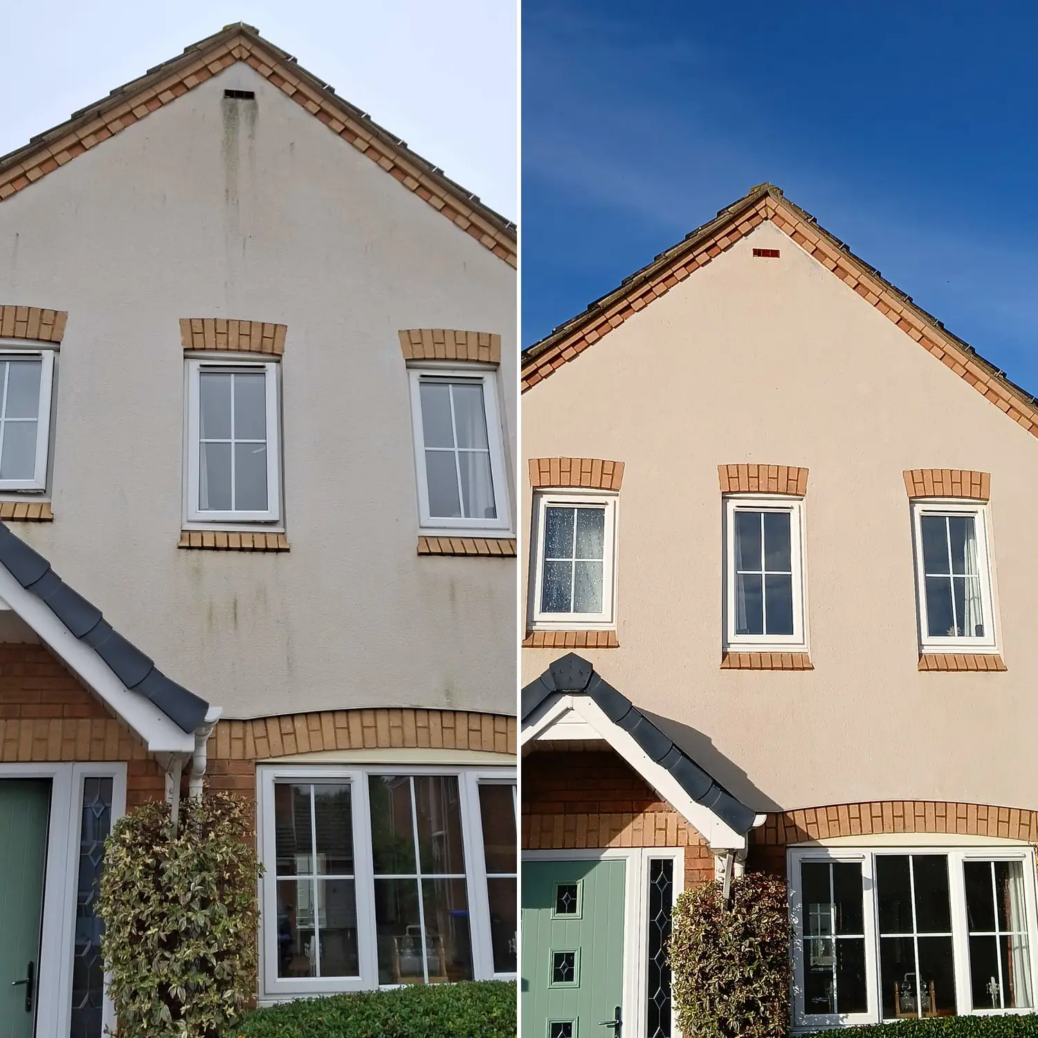Northampton terrace gable with bay window before and after &mdash; green algae cleaned off cream render, brickwork preserved