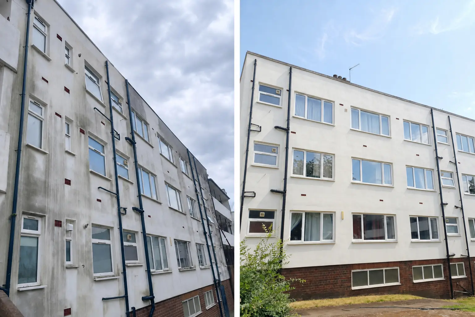 Commercial render cleaning in Northampton &mdash; four-storey block of flats before and after, weathering and grey staining removed
