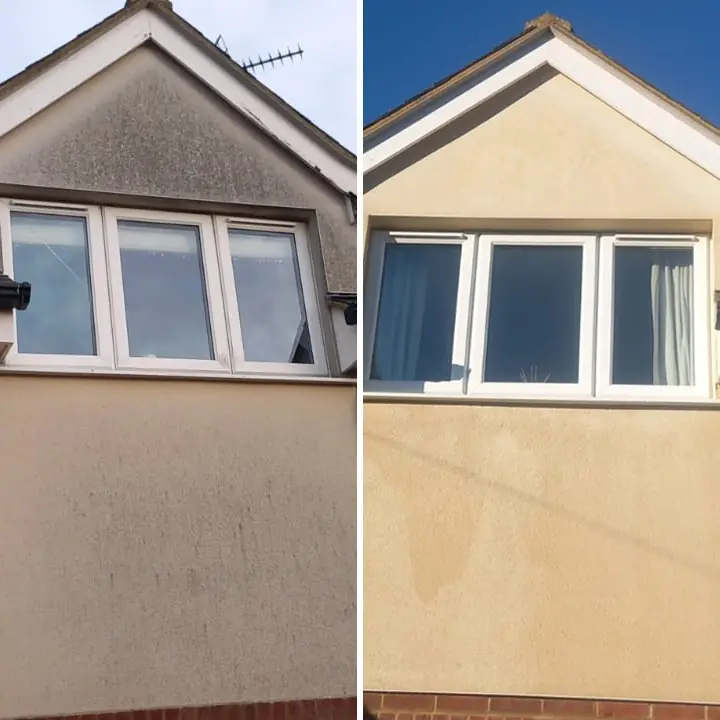 Close-up before and after of a three-window dormer in Northampton with grey-beige render cleaned to a fresh cream finish