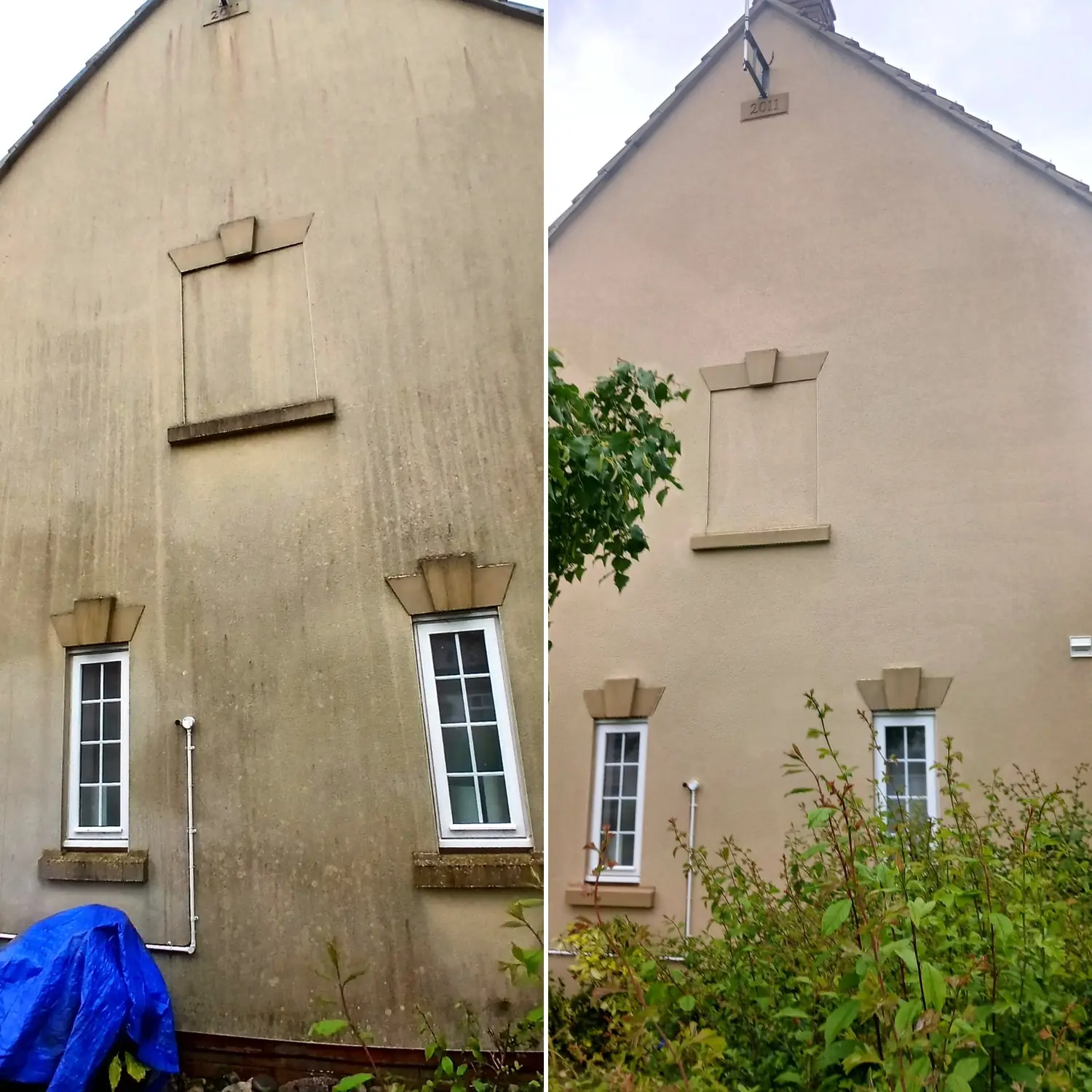Before and after of heavy green algae removed from a rendered gable in Northampton, with cream finish restored