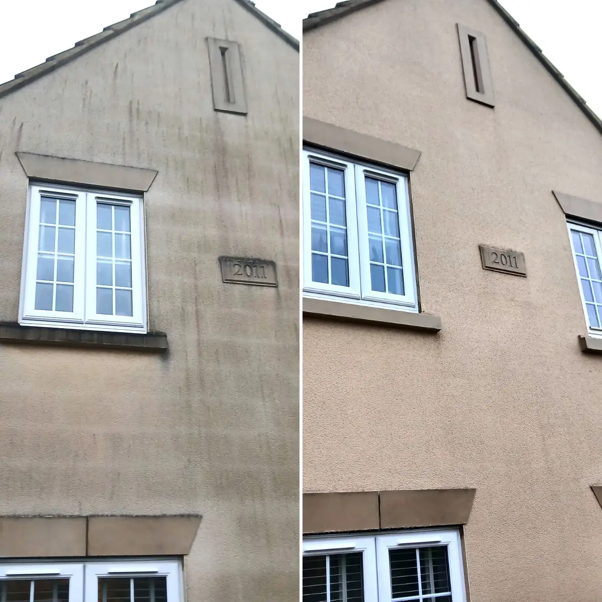 K-Rend textured render before and after in Northampton &mdash; green-black algae streaks removed, 2011 datestone visible