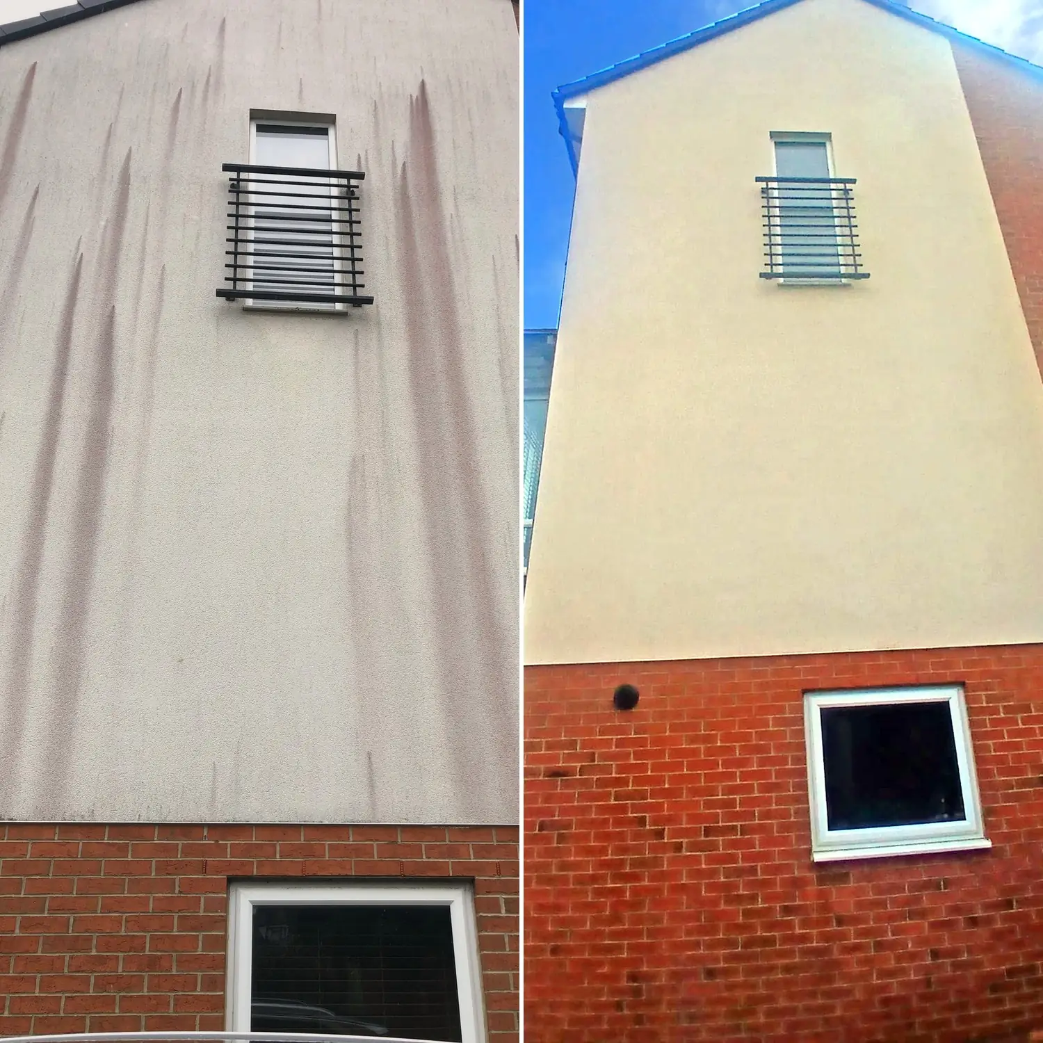 Close-up before and after of Trentepohlia red algae removed from rendered gable with iron balconette and red brick base in Northampton
