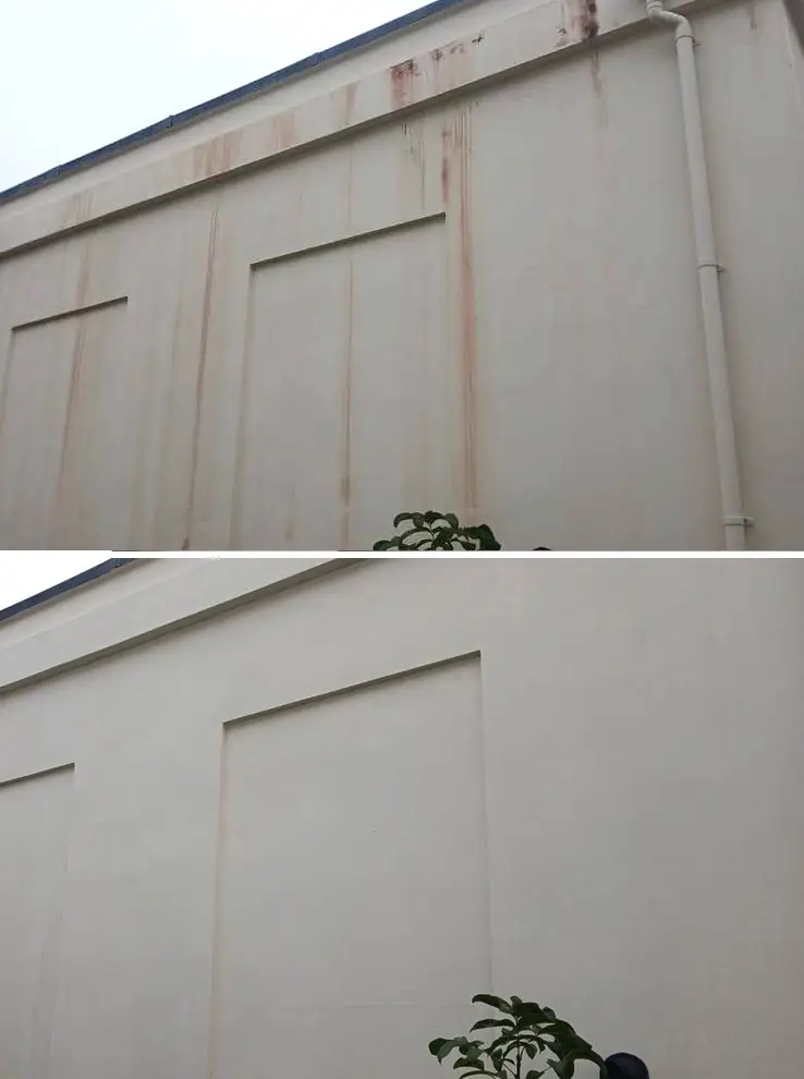 Before and after of rust stains removed from a rendered wall corner beside a white downpipe in Northampton