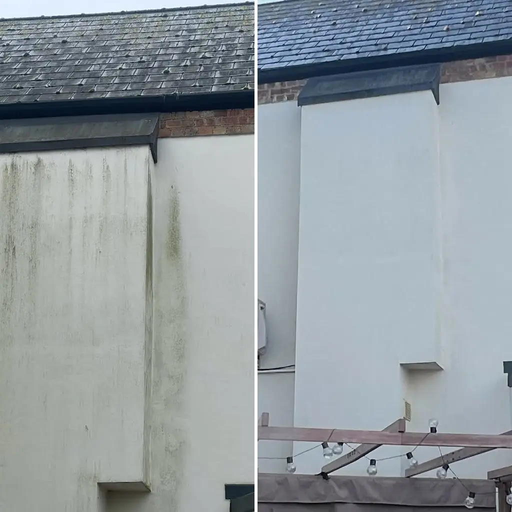 Northampton semi-detached side wall before and after &mdash; green-black algae streaks under a mossy slate roof, render restored