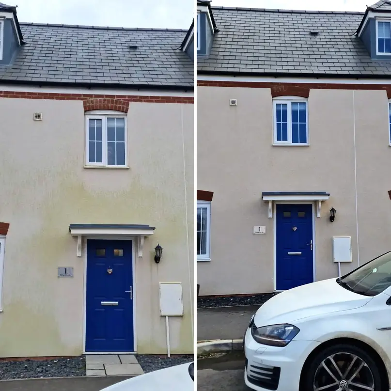 Northampton terraced house number 1 before and after &mdash; yellow-green algae patch removed from cream render around blue door