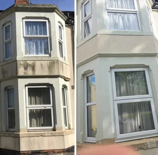 Victorian terraced bay window in Northampton before and after &mdash; green algae and lichen cleared from cream painted render