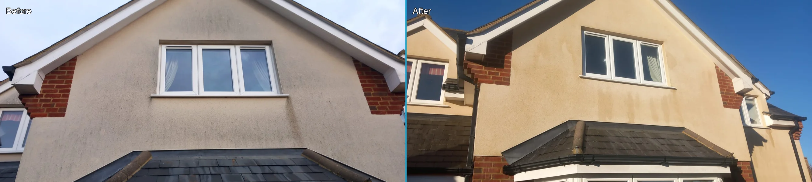 House render cleaning before and after comparison showing algae removal