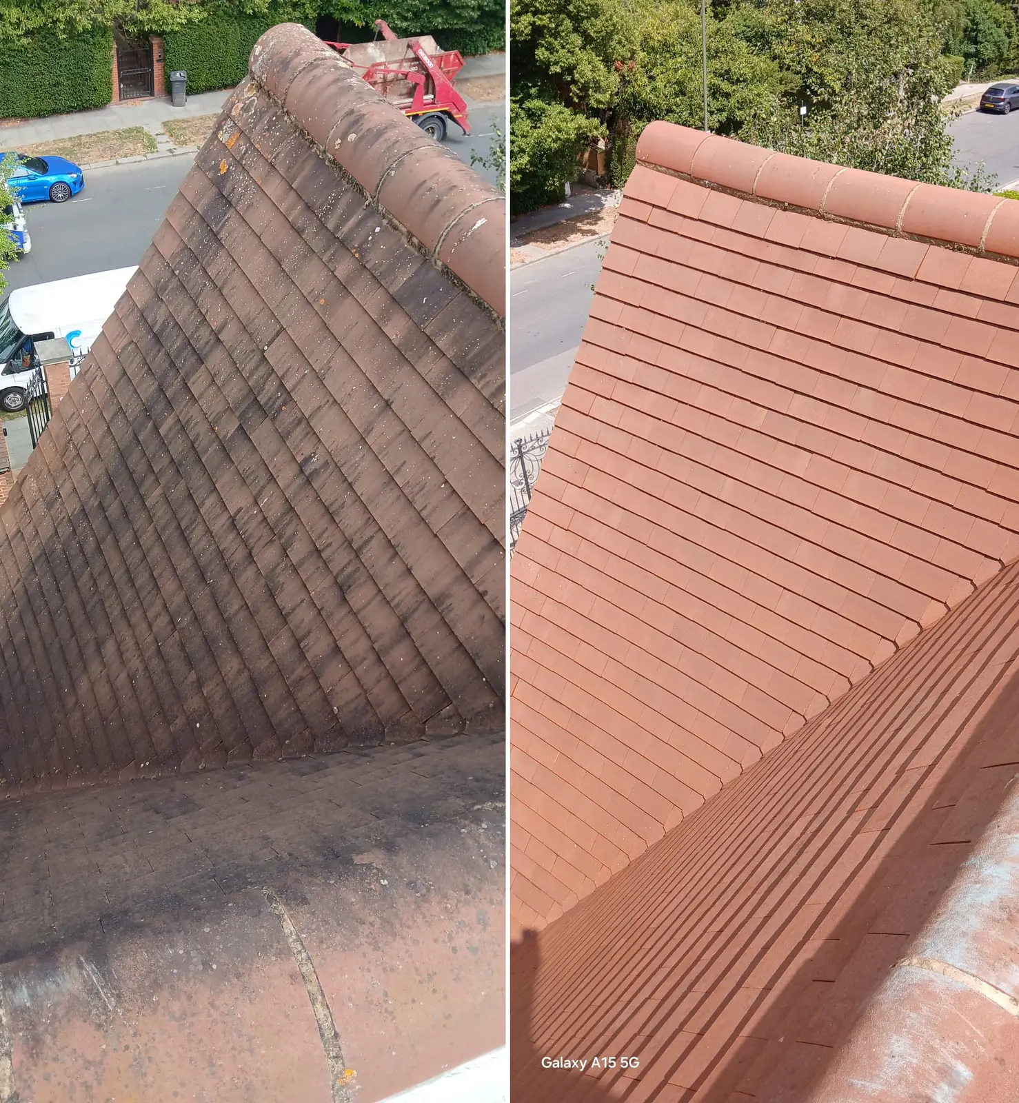 Aerial before and after of a hip roof in Harrow transformed from worn grey-black tiles to vibrant terracotta