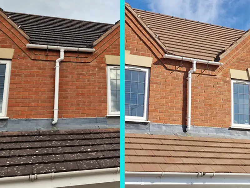 Before and after of a concrete tile roof black algae-stained on the left and clean brown tile on the right