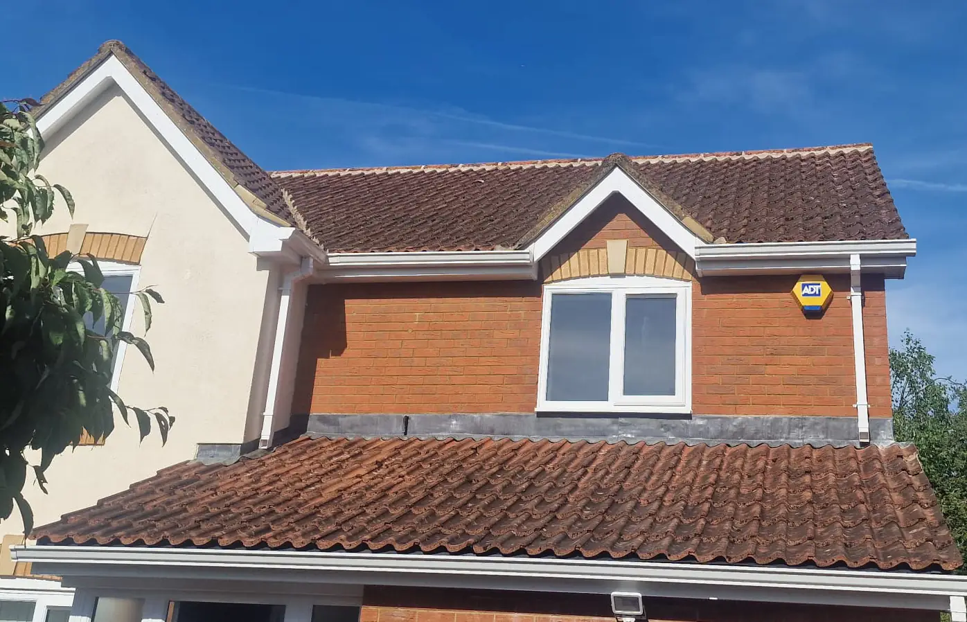 Terracotta roof with dormer freshly scraped and treated with DDAC biocide which keeps improving over 6 to 12 months