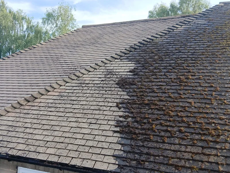 Before and after roof cleaning showing moss removal results on concrete tiles by Exterior Cleaning Solutions