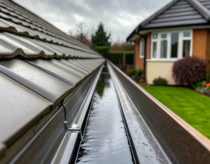 close-up view of freshly cleaned gutters