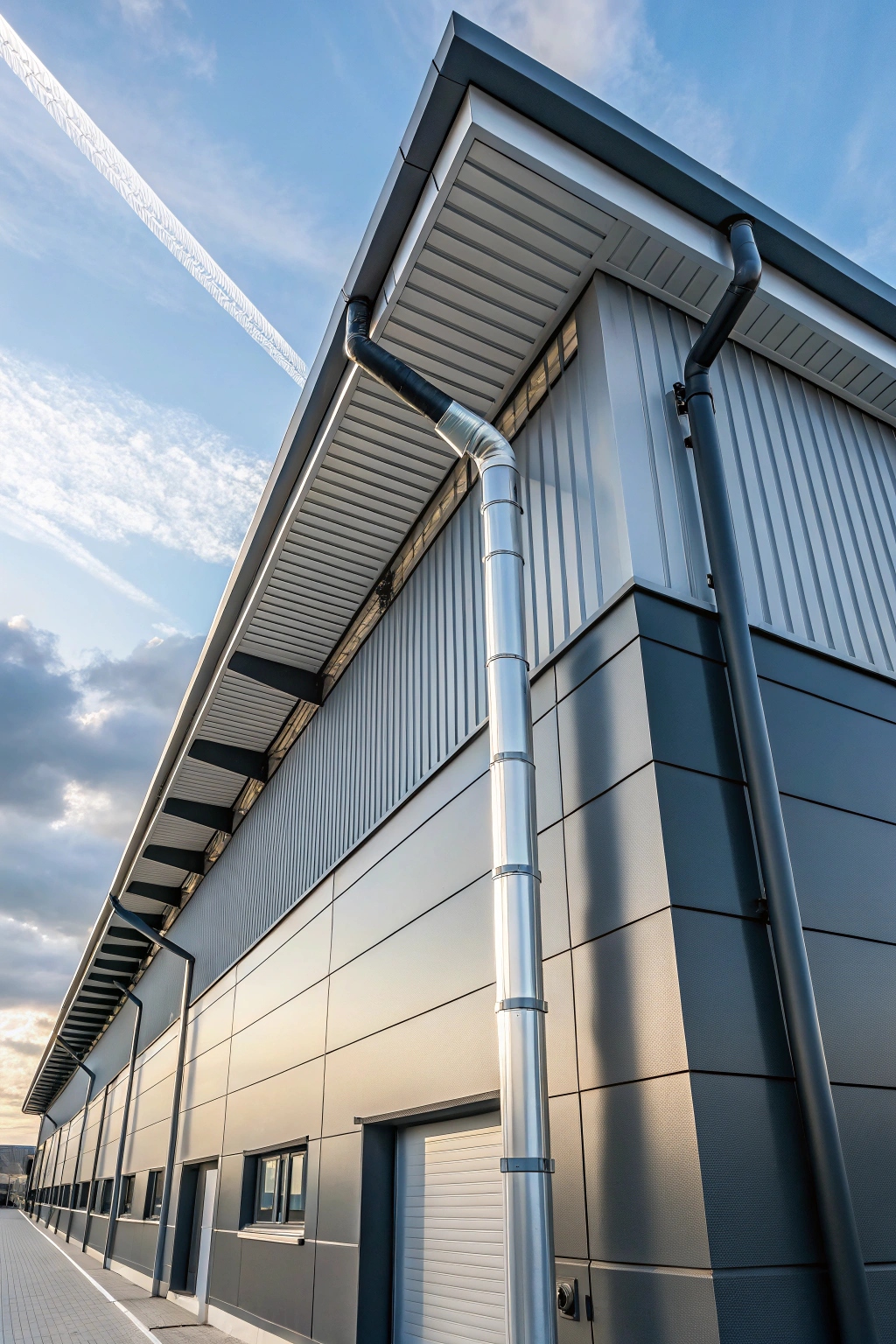 distribution-center roofline guttering system with downpipes